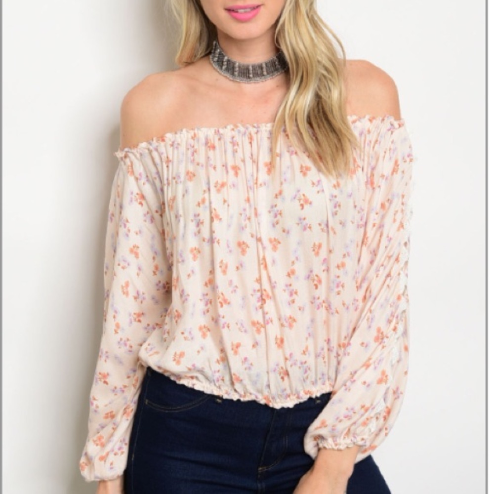 Peach floral Off Shoulder Print crop Top - Picture 2 of 8